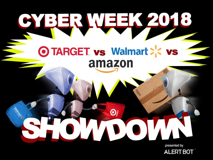A graphic with a yellow starburst in the center and two robots charging towards a third robot. The two on the left are carrying shopping bags. The one on the right is carrying a box. The text reads "Cyber Week 2018 - AlertBot Showdown: Target vs Walmart vs Amazon" with the word SHOWDOWN very large at the bottom.
