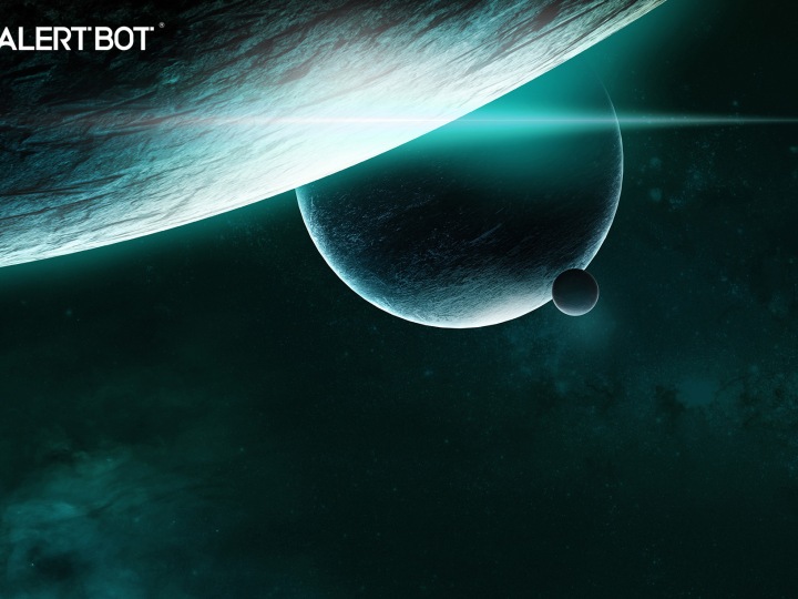 A rendering of a planet in the foreground and a planet behind that with a little moon to the bottom right of it. A Star Trek starship shows small off to the top right.