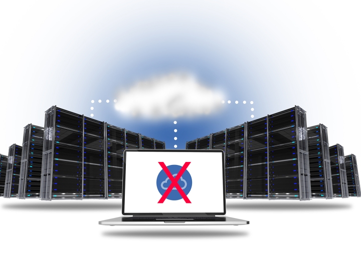A image of multiple server racks on either side of a laptop in the foreground. The laptop screen shows a cloud graphic with an "X" over it. Text on the image reads "3 Reasons Why It’s a Bad Idea to Buy Site Monitoring from Your Web Host"